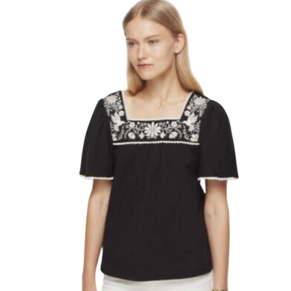 Kate Spade Embroidered Square Neck Top Black White XS